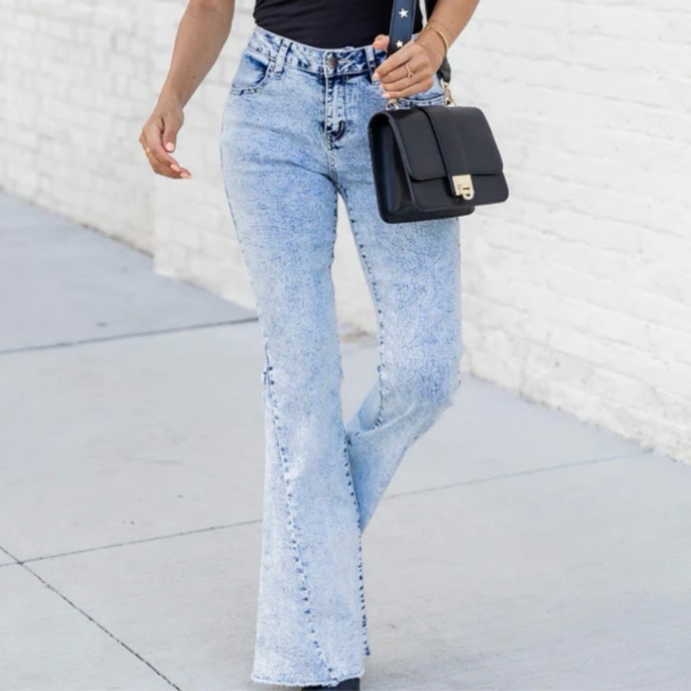 PINK LILY Acid Wash High Waisted Flare Jeans.